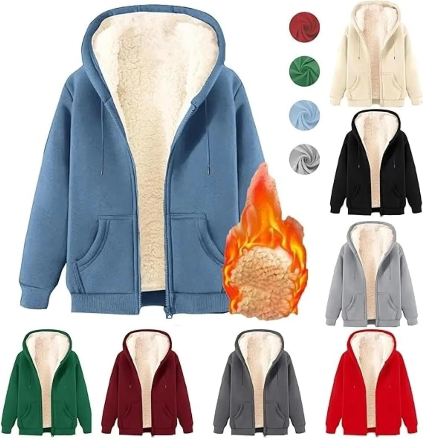 Sherpa Lined Jackets for Men Zip Up Hoodies Casual Oversized Fleece Jacket Trendy Y2K Hoodie Warm Winter Coat Pocket