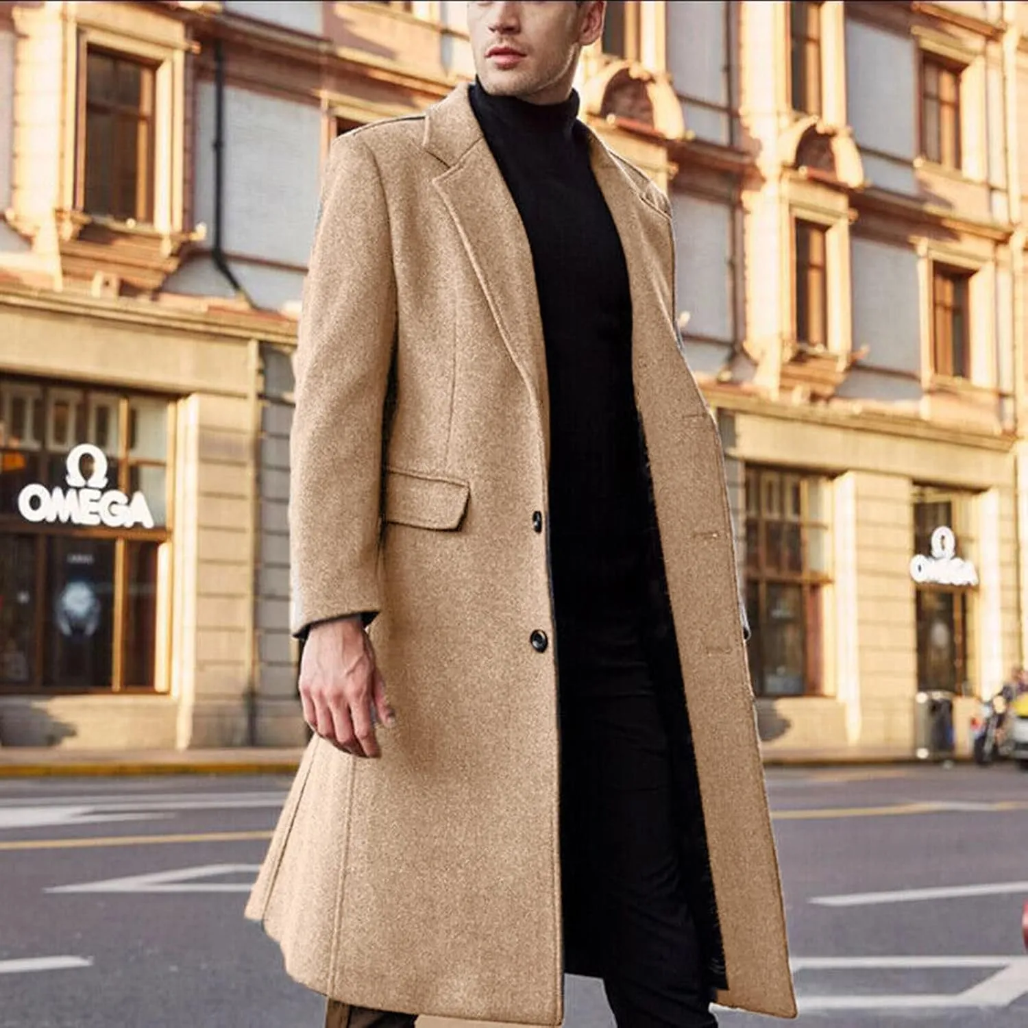 Sinzelimin Men's Cardigan Coat Fashion Printed Wool Blends Casual Long-sleeved Jacket Length Windbreaker Overcoat Trench