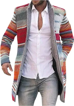 Sinzelimin Men's Cardigan Coat Fashion Printed Wool Blends Casual Long-sleeved Jacket Length Windbreaker Overcoat Trench
