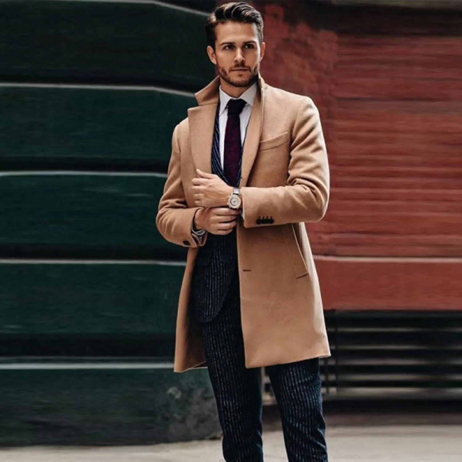 Sinzelimin Men's Cardigan Coat Fashion Printed Wool Blends Casual Long-sleeved Jacket Length Windbreaker Overcoat Trench
