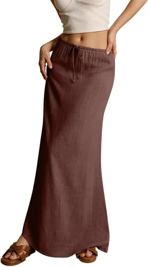 Skirt for Women Long Flowy Skirts Comfy Drawstring Low Rise Womens Linen Maxi Skirt with Slit Summer Plus Size