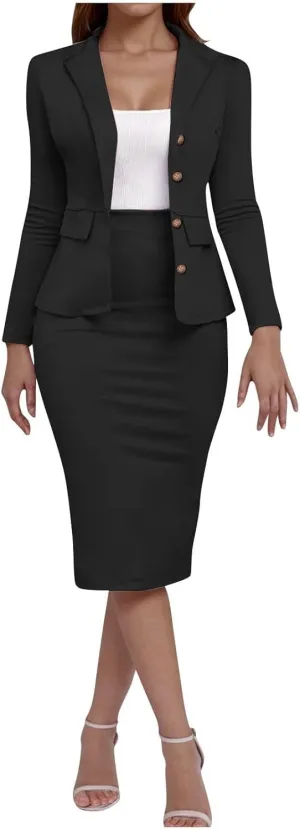 Skirt Suit Sets for Women's 2 Piece Slim Fit Long Sleeve Blazers and Pencil Skirts Dressy Work Office Suit Jackets