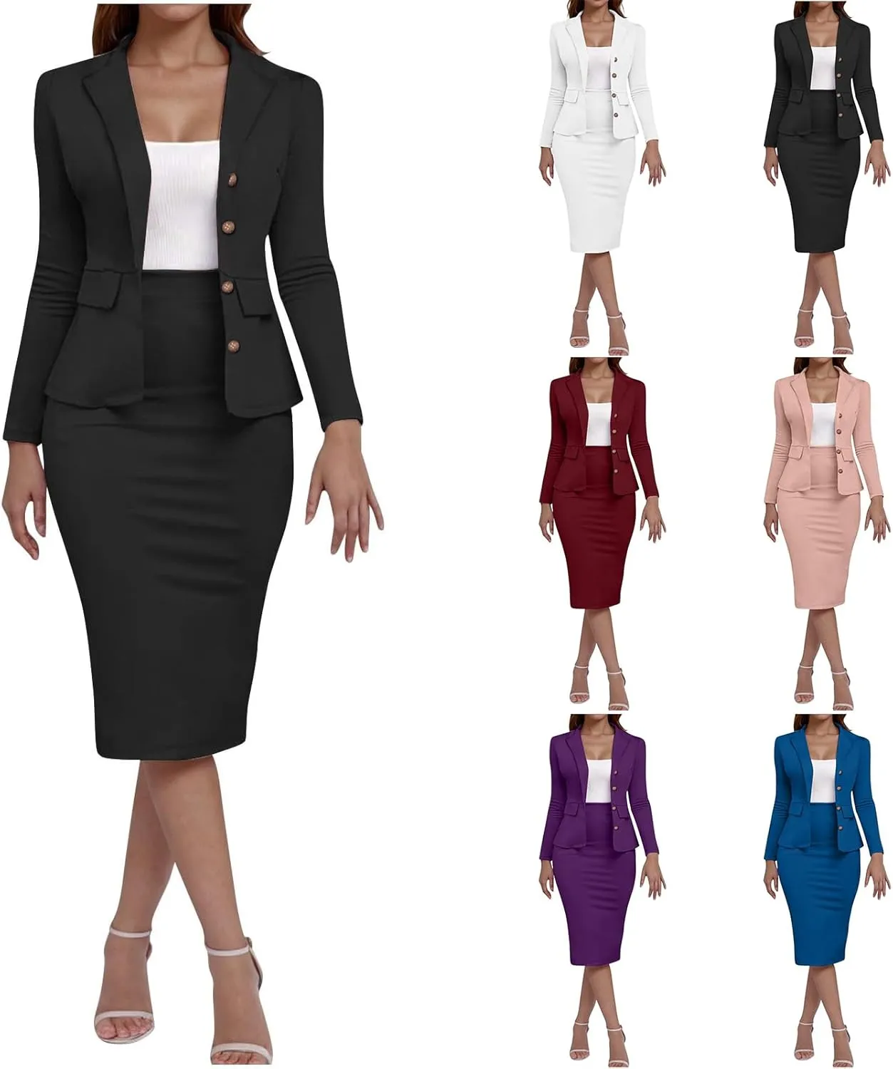 Skirt Suit Sets for Women's 2 Piece Slim Fit Long Sleeve Blazers and Pencil Skirts Dressy Work Office Suit Jackets