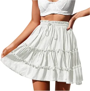 Skirts for Women 2025 Boho Summer A-Line Pleated Skirt Casual Elastic High Waist Tiered Ruffle Flowy Cute Mini Skirt