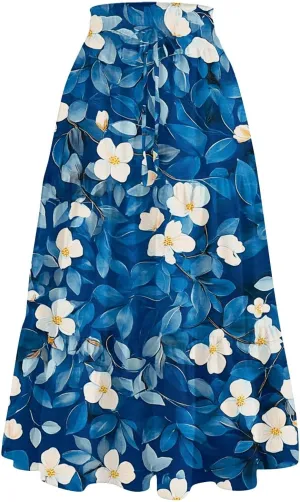 Skirts for Women Floral Trendy High Waisted Flowy Midi Skirt Boho Women's Belted Skirts