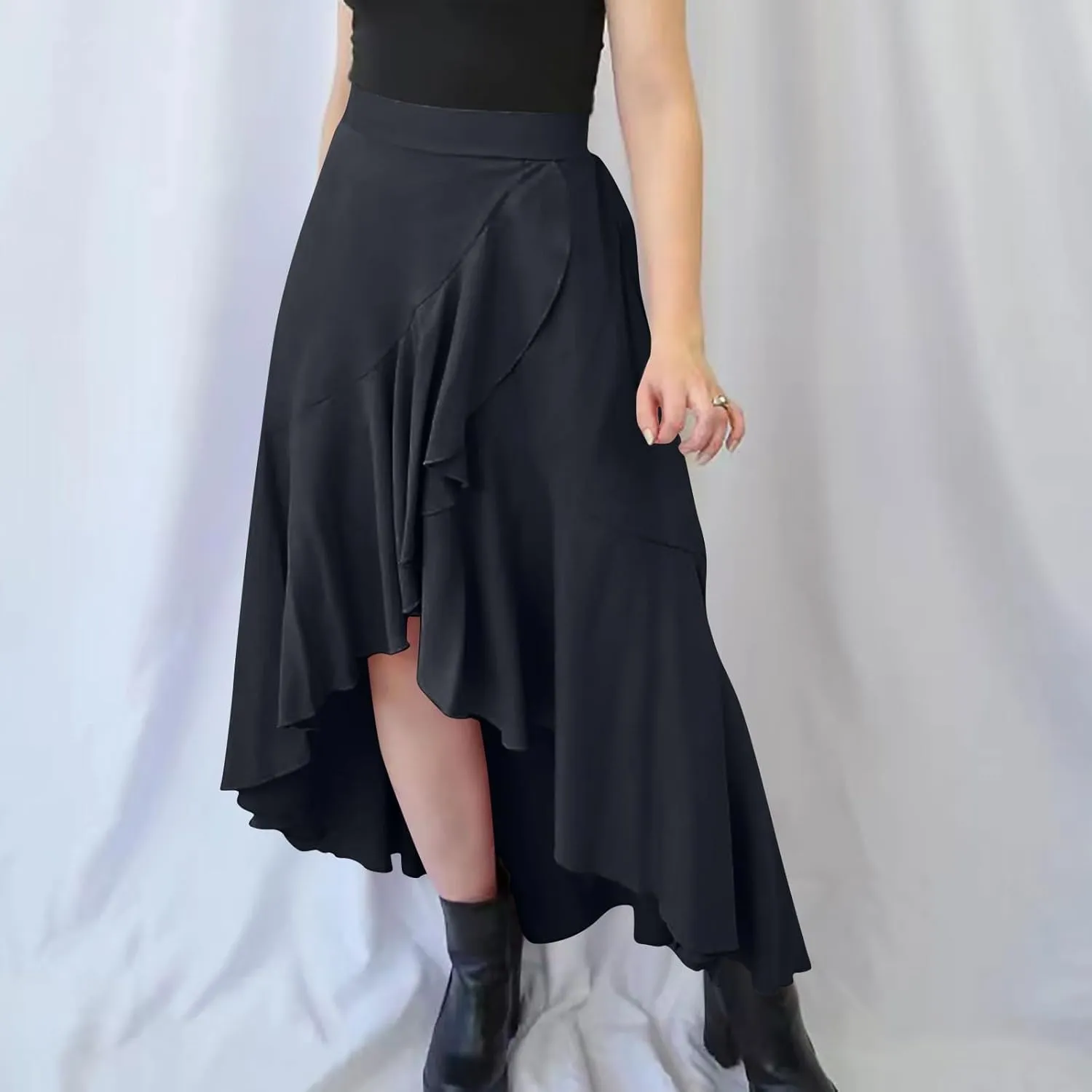 Skirts for Women High Waist Front Asymmetrical Ruffle Skirt Streetwear Flowy Tiered A-Line Pleated Ice Silk Skirts
