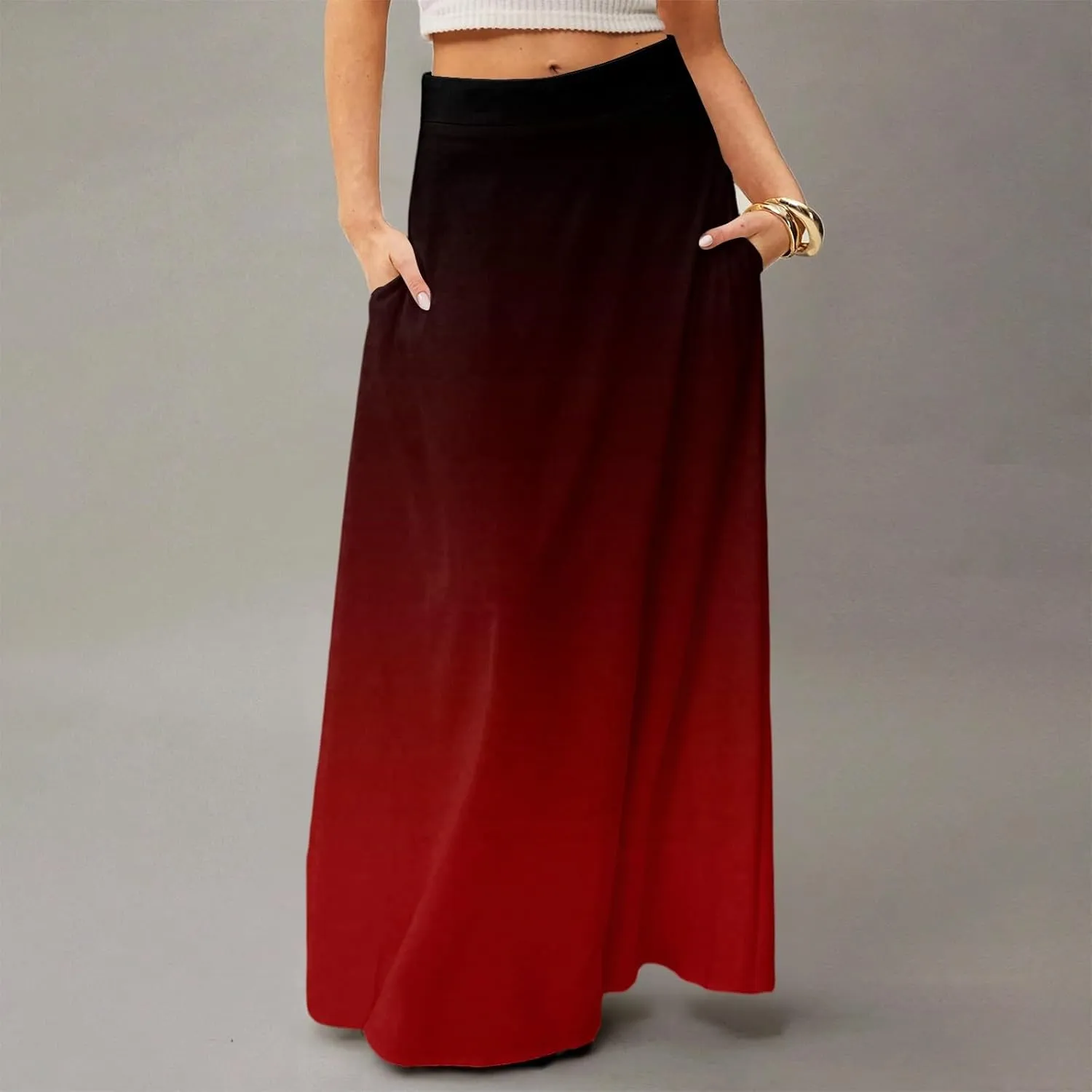 Skirts for Women Midi Length High Waisted Pleated A-Line Summer Swing Long Work Office with Pockets