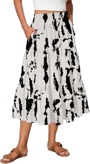 Skirts for Women Trendy A Line Elastic Waist Printed Skirts for Women Casual Boho Elegant Skirt with Pockets