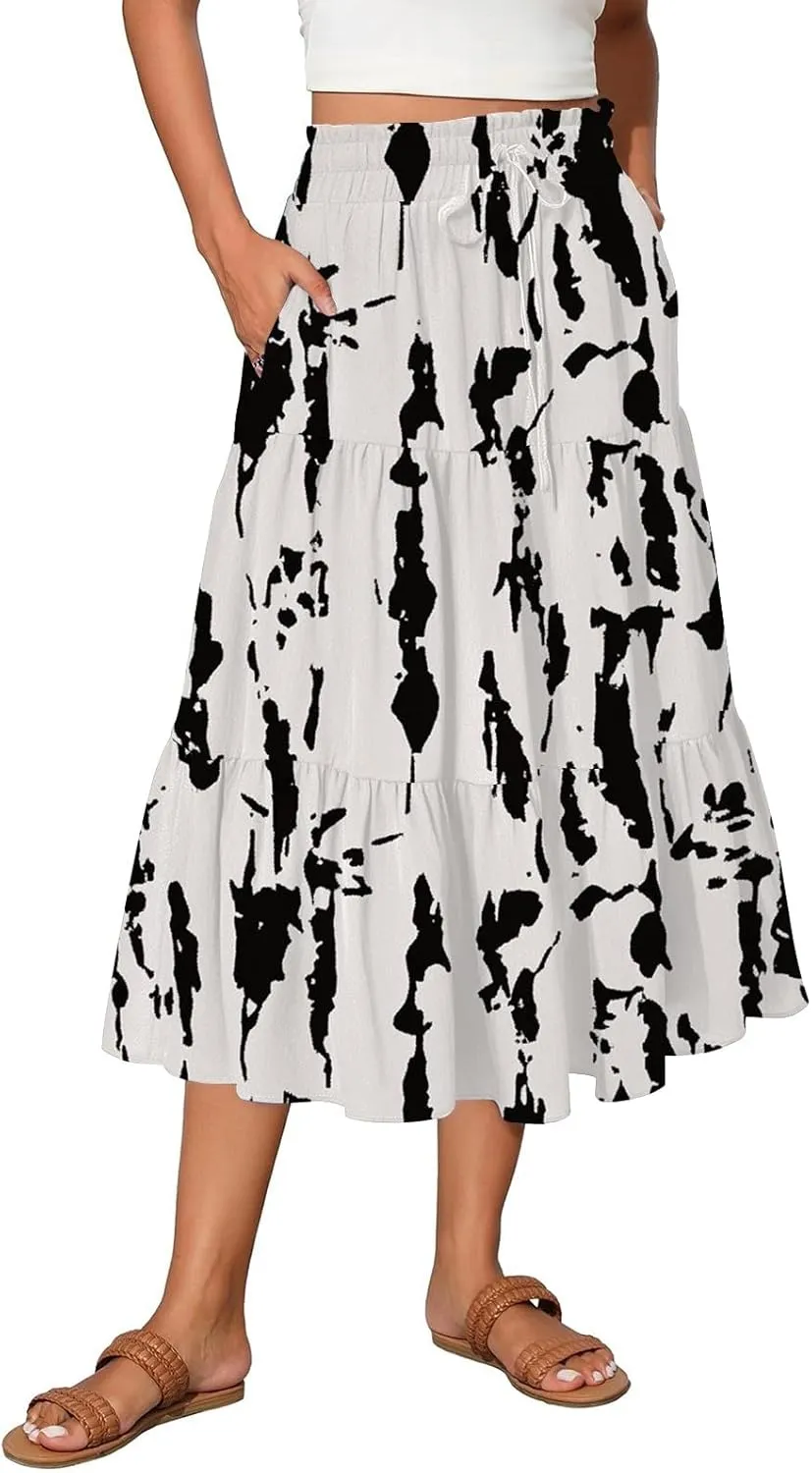 Skirts for Women Trendy A Line Elastic Waist Printed Skirts for Women Casual Boho Elegant Skirt with Pockets