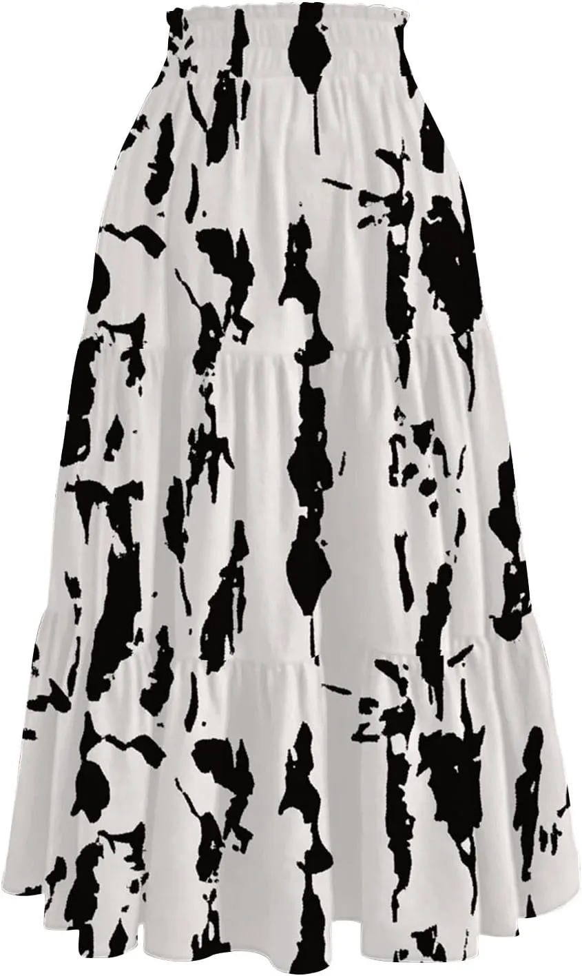 Skirts for Women Trendy A Line Elastic Waist Printed Skirts for Women Casual Boho Elegant Skirt with Pockets