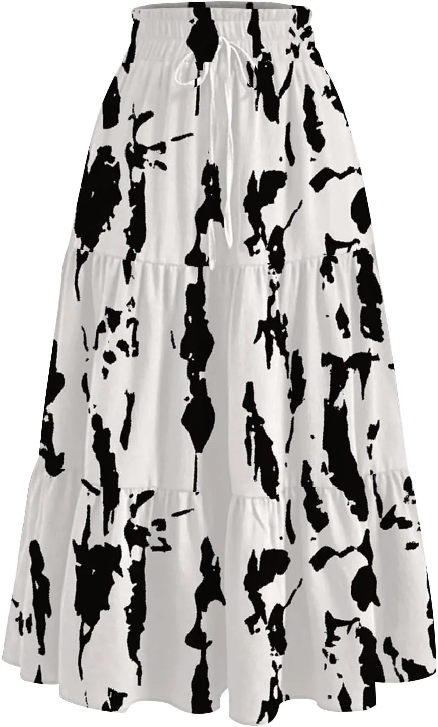 Skirts for Women Trendy A Line Elastic Waist Printed Skirts for Women Casual Boho Elegant Skirt with Pockets