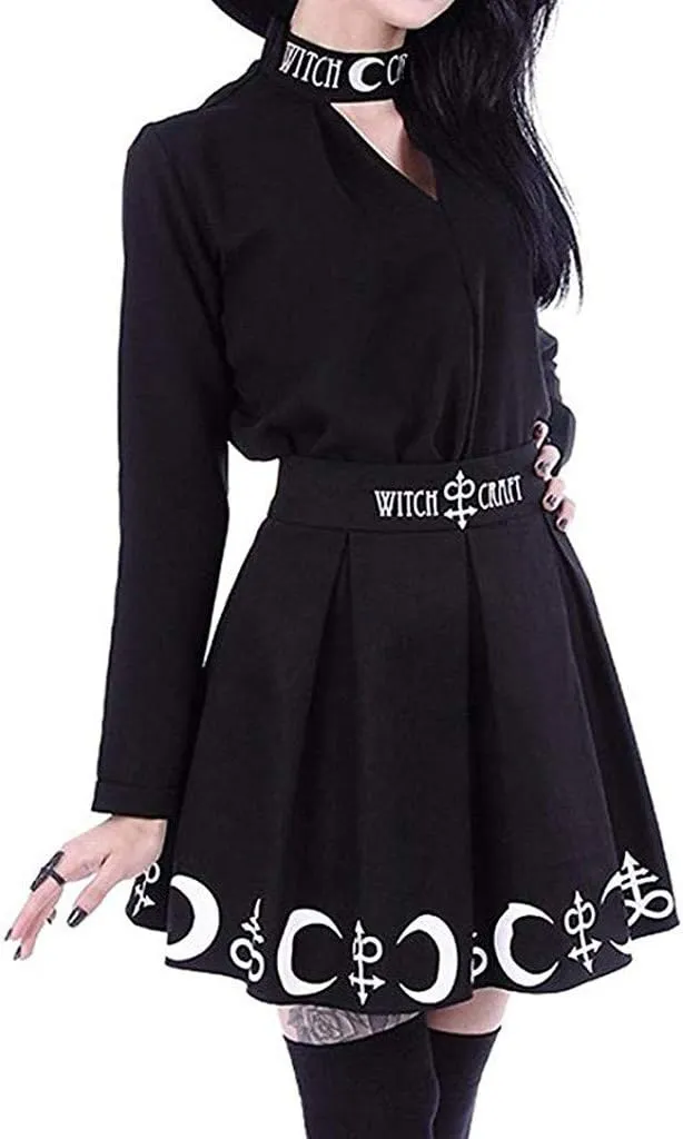Skirts for Women Trendy Gothic Punk Skirts Witchcraft Moon Spell Symbols Pleated Cheer Mini Skirt Women High