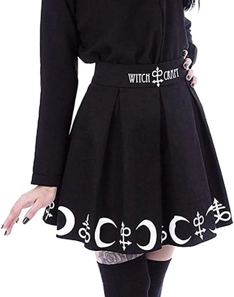 Skirts for Women Trendy Gothic Punk Skirts Witchcraft Moon Spell Symbols Pleated Cheer Mini Skirt Women High