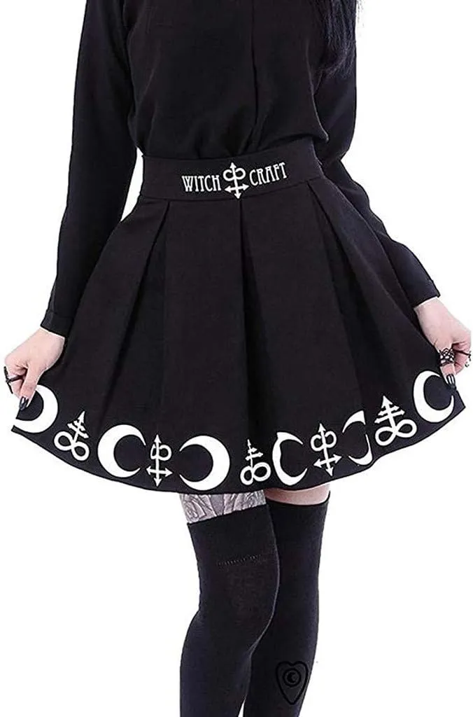 Skirts for Women Trendy Gothic Punk Skirts Witchcraft Moon Spell Symbols Pleated Cheer Mini Skirt Women High