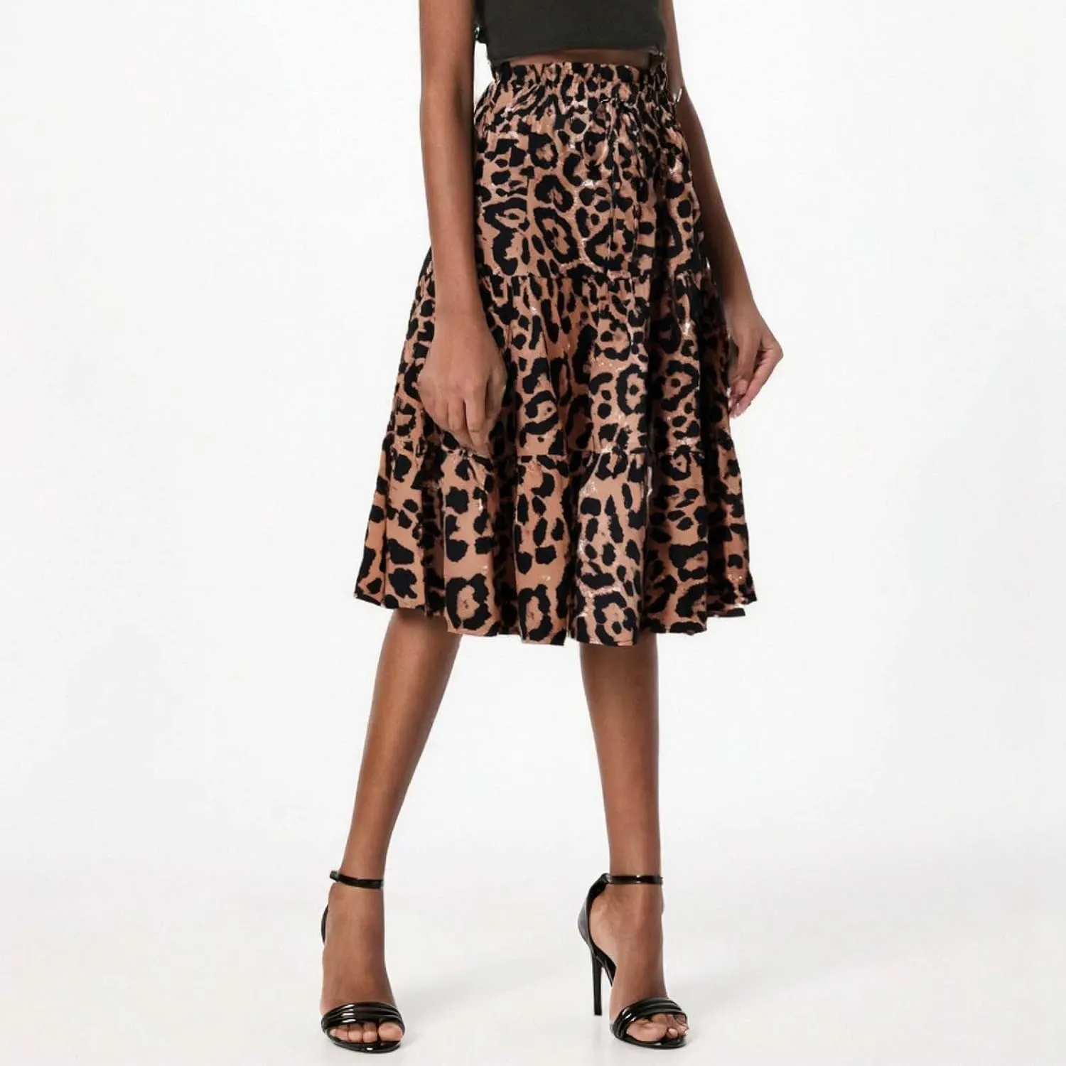 Skirts for Women Trendy Leopard Print Pleated High Elastic Waist A-Line Knee Length Casual Vacation Skirts Streetwear