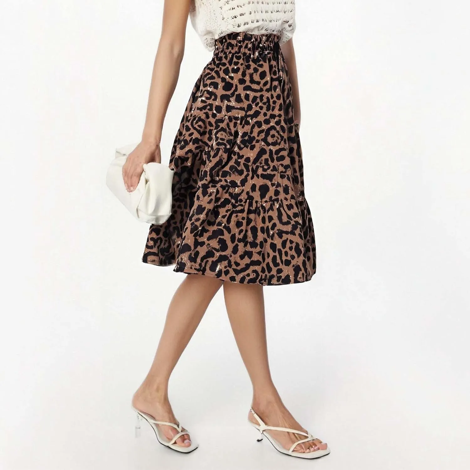 Skirts for Women Trendy Leopard Print Pleated High Elastic Waist A-Line Knee Length Casual Vacation Skirts Streetwear