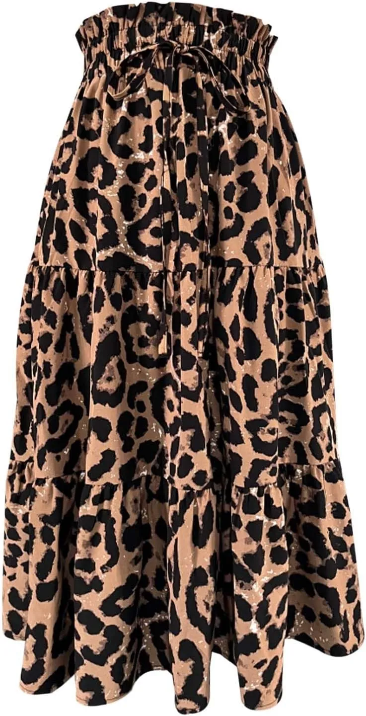 Skirts for Women Trendy Leopard Print Pleated High Elastic Waist A-Line Knee Length Casual Vacation Skirts Streetwear