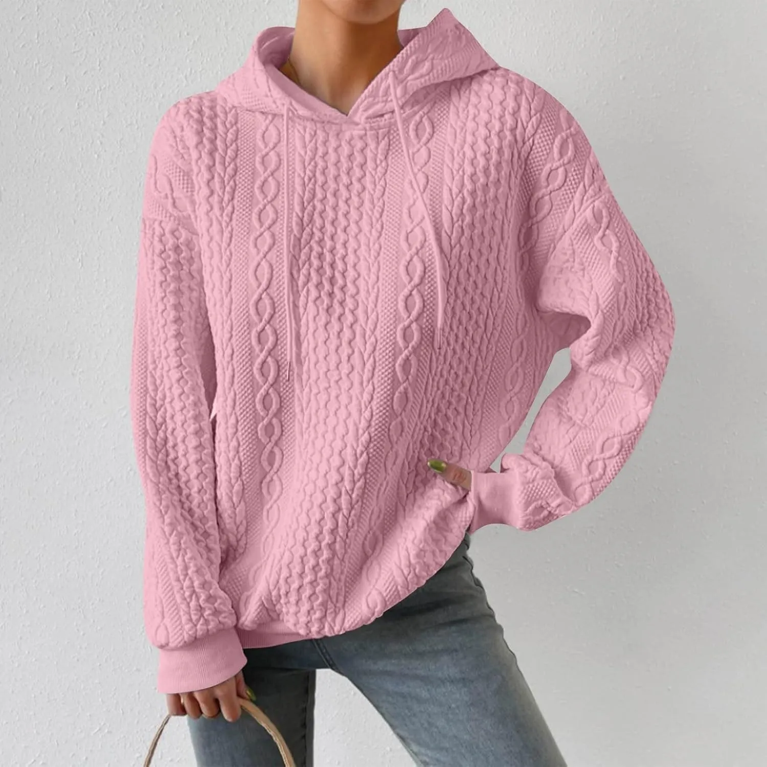 slqdgmryz Oversized Hoodies for Women Plus Size Cable Knit Sweater Loose Fit Drawstring Comfort Hoodie Preppy Sweatshirt