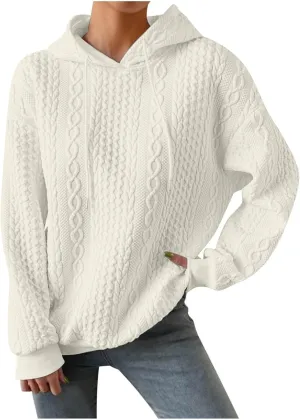 slqdgmryz Oversized Hoodies for Women Plus Size Cable Knit Sweater Loose Fit Drawstring Comfort Hoodie Preppy Sweatshirt