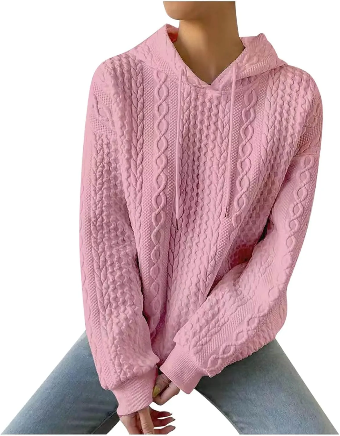 slqdgmryz Oversized Hoodies for Women Plus Size Cable Knit Sweater Loose Fit Drawstring Comfort Hoodie Preppy Sweatshirt