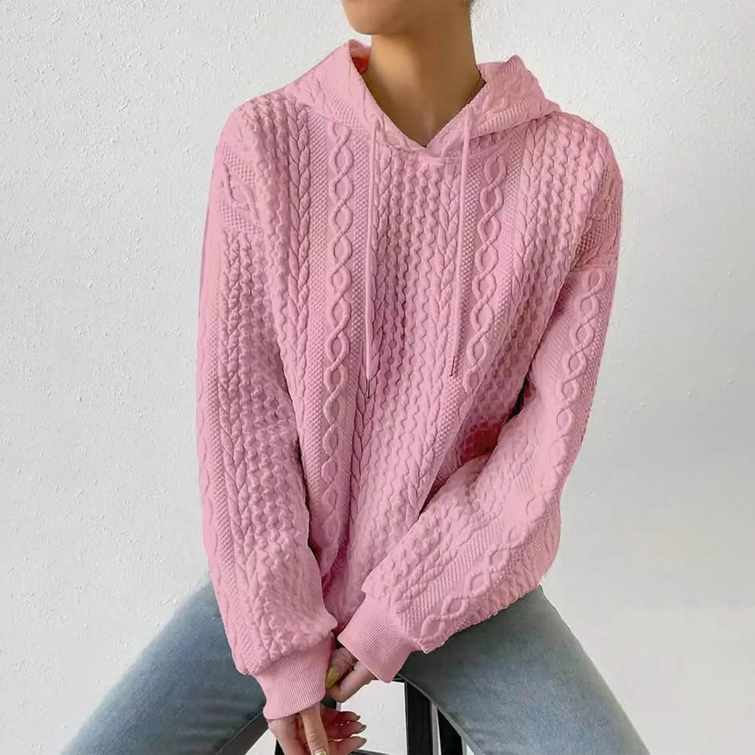 slqdgmryz Oversized Hoodies for Women Plus Size Cable Knit Sweater Loose Fit Drawstring Comfort Hoodie Preppy Sweatshirt