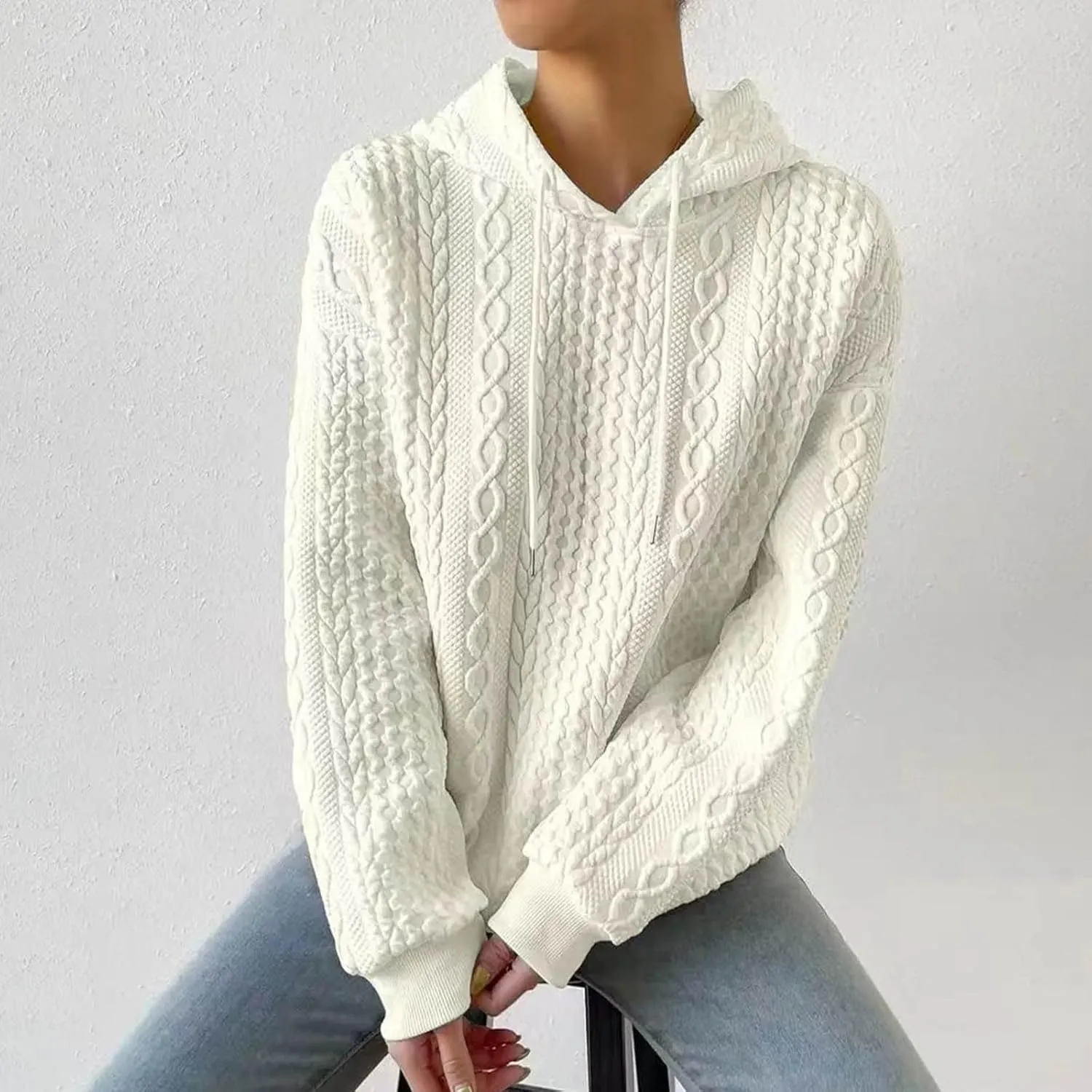 slqdgmryz Oversized Hoodies for Women Plus Size Cable Knit Sweater Loose Fit Drawstring Comfort Hoodie Preppy Sweatshirt