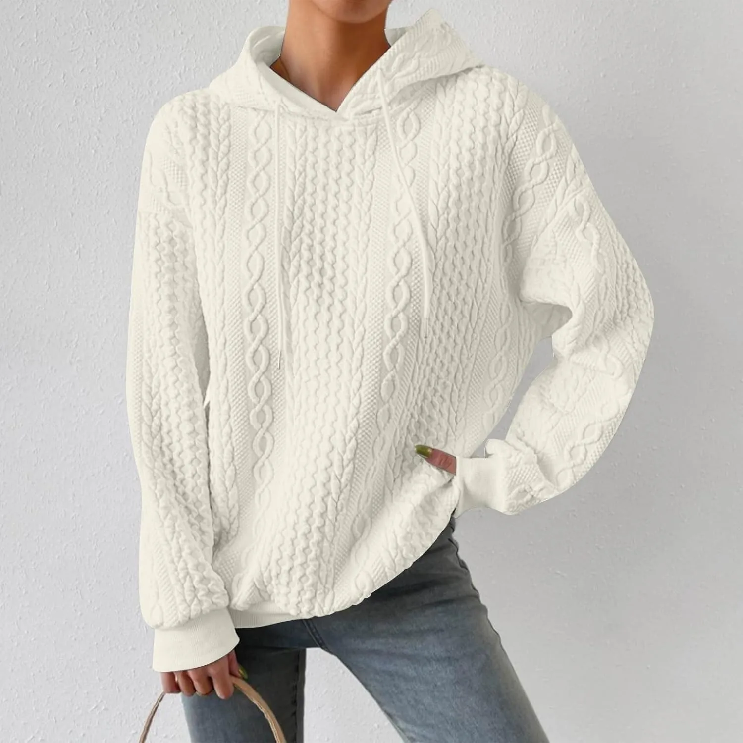 slqdgmryz Oversized Hoodies for Women Plus Size Cable Knit Sweater Loose Fit Drawstring Comfort Hoodie Preppy Sweatshirt