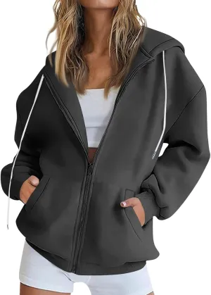 slqdgmryz Zip Up Hoodie Women Drawstring Oversized Sweatshirt Zipped Cute Hoodies Y2k Workout Fleece Jacket with Pockets