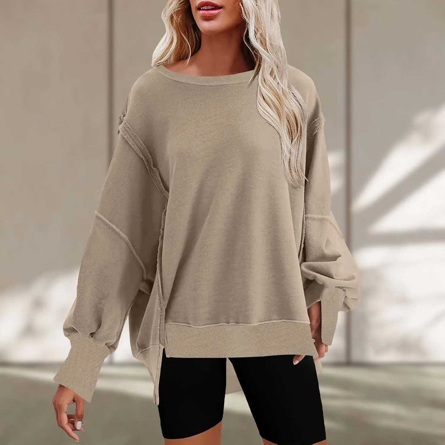 SMIDOW Womens Oversized Crewneck Sweatshirts Hoodies Fall 2023 Fashion Warm Y2k Clothes Casual Slit Sloucthy Pullover Tops