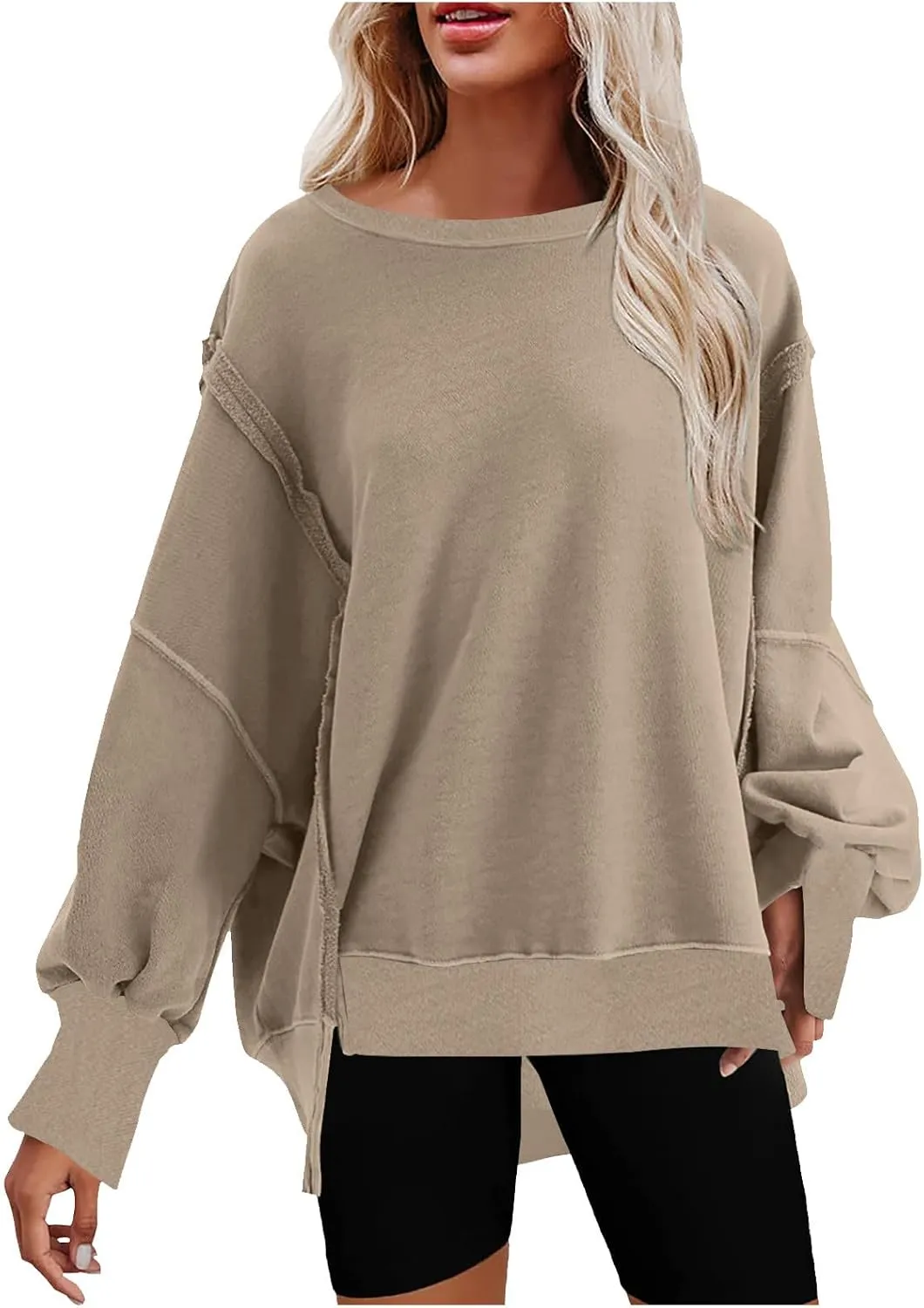 SMIDOW Womens Oversized Crewneck Sweatshirts Hoodies Fall 2023 Fashion Warm Y2k Clothes Casual Slit Sloucthy Pullover Tops