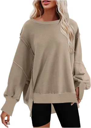 SMIDOW Womens Oversized Crewneck Sweatshirts Hoodies Fall 2023 Fashion Warm Y2k Clothes Casual Slit Sloucthy Pullover Tops
