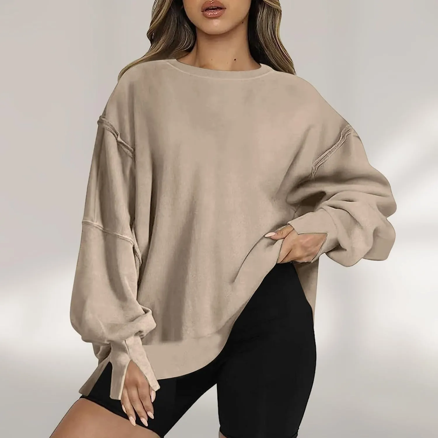 SMIDOW Womens Oversized Crewneck Sweatshirts Hoodies Fall 2023 Fashion Warm Y2k Clothes Casual Slit Sloucthy Pullover Tops