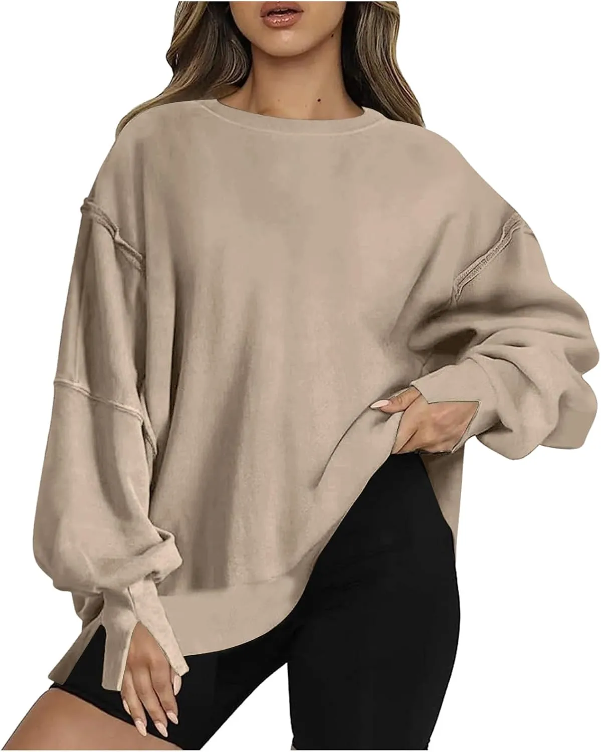 SMIDOW Womens Oversized Crewneck Sweatshirts Hoodies Fall 2023 Fashion Warm Y2k Clothes Casual Slit Sloucthy Pullover Tops