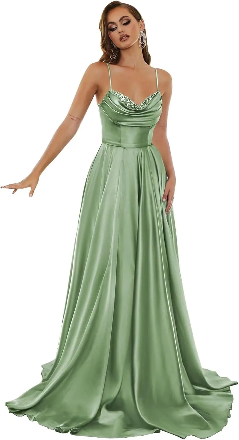 Spaghetti Strap Satin Prom Dresses 2024 Long A Line Cowl Neck Beaded Evening Party Dresses