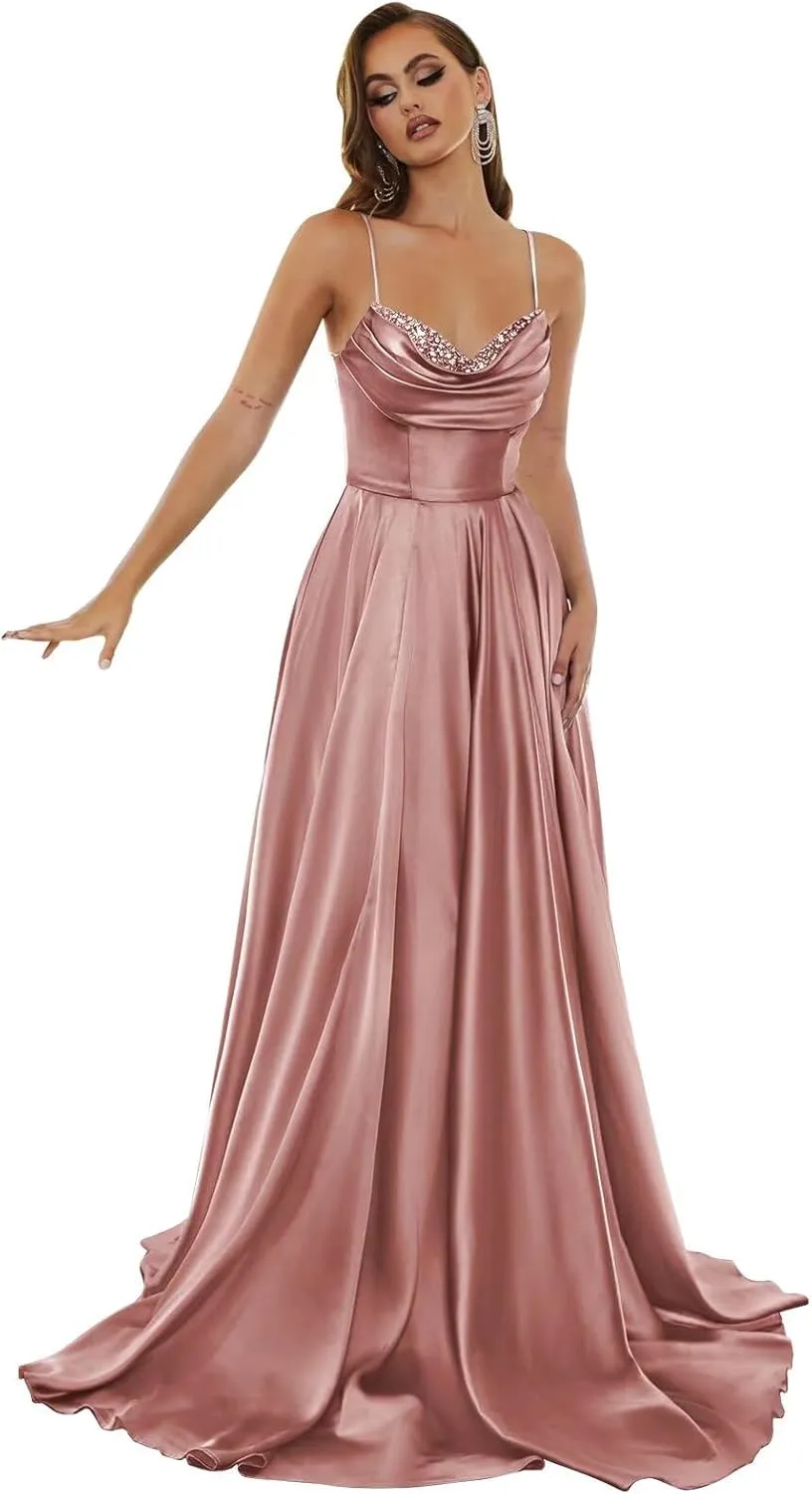 Spaghetti Strap Satin Prom Dresses 2024 Long A Line Cowl Neck Beaded Evening Party Dresses