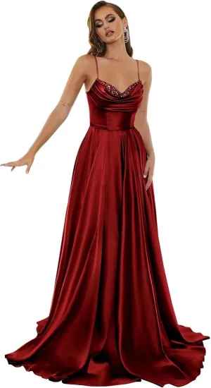 Spaghetti Strap Satin Prom Dresses 2024 Long A Line Cowl Neck Beaded Evening Party Dresses