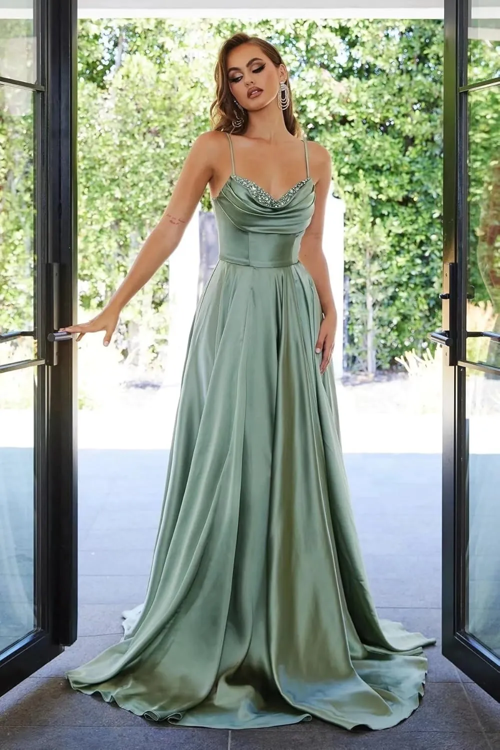 Spaghetti Strap Satin Prom Dresses 2024 Long A Line Cowl Neck Beaded Evening Party Dresses