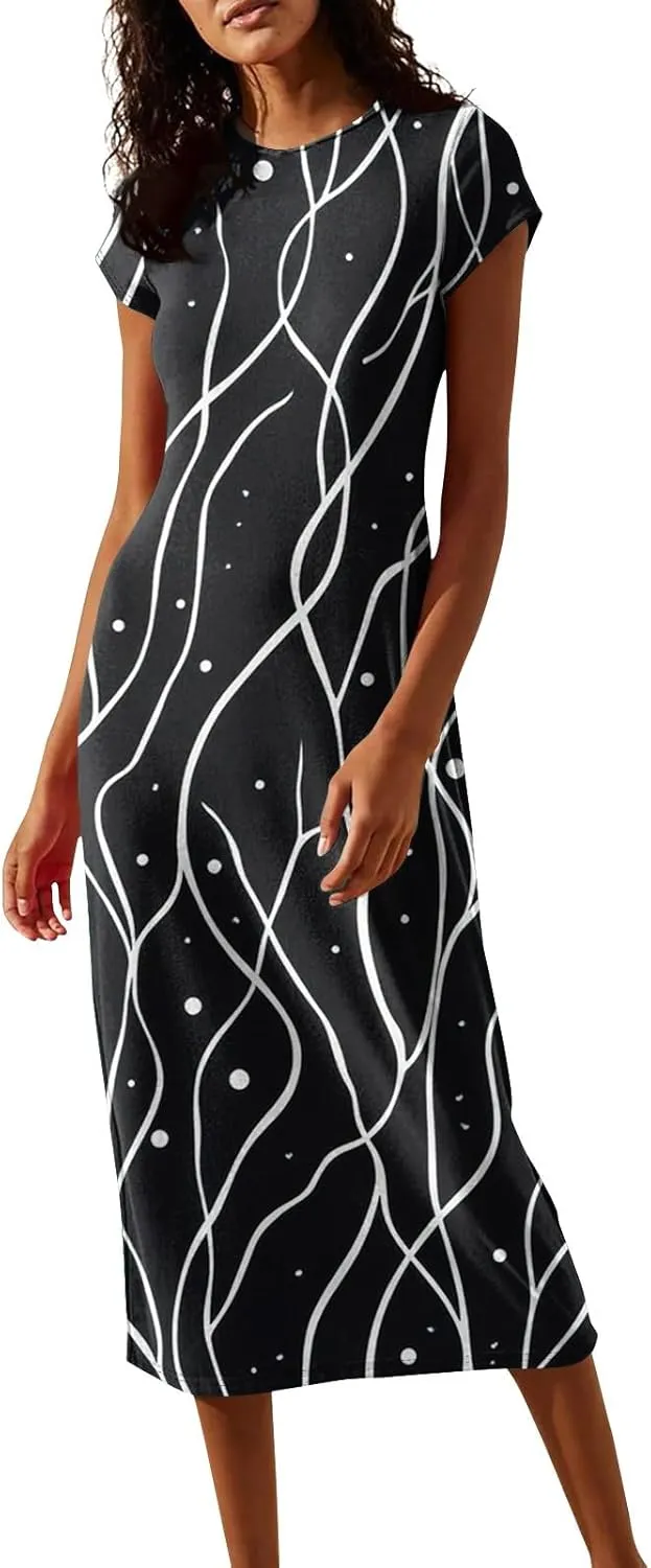 Spring Dresses for Curvy Women Short Sleeve Tshirt Garden Party Dress Casual Crewneck Beach Long Maxi Dresses