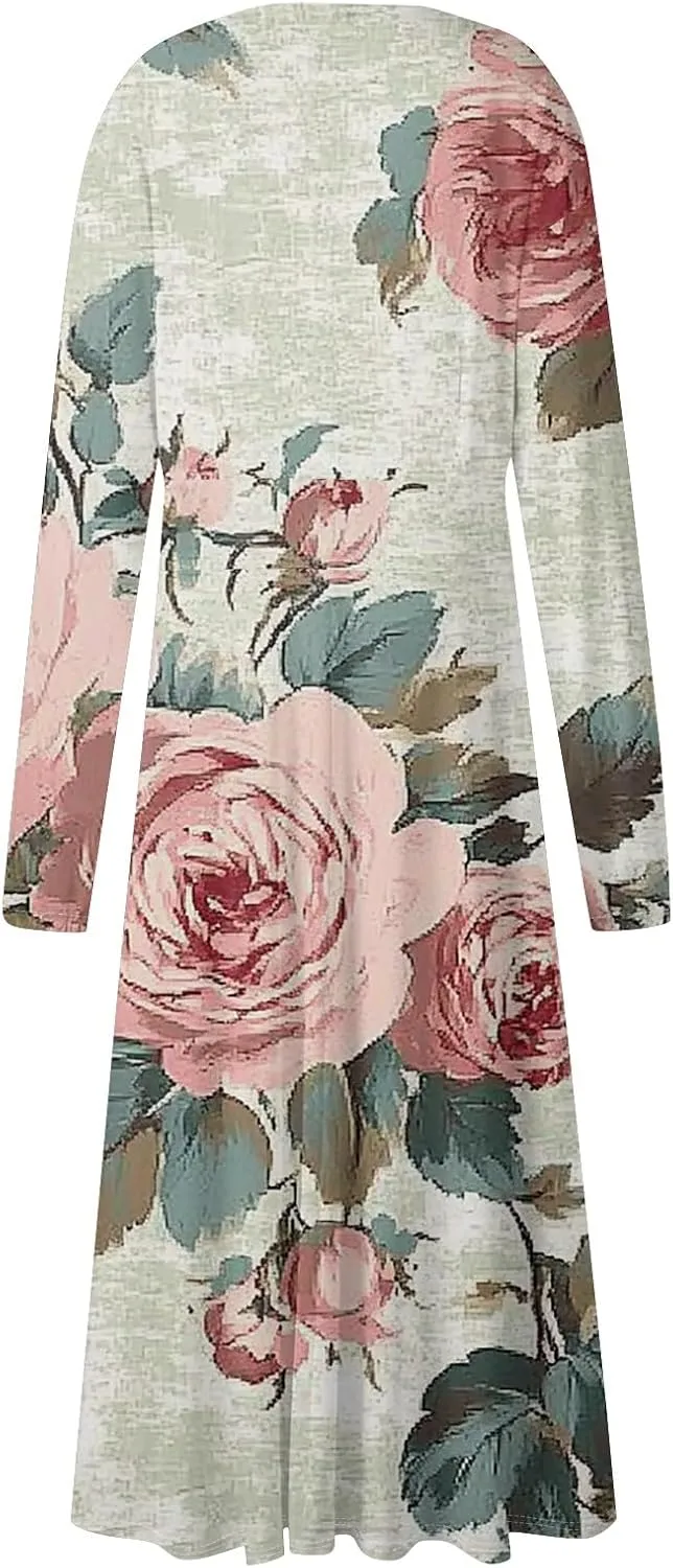 Spring Dresses for Women 2025 Midi V Neck Long Sleeve Summer Casual Modest Tea Length Western Loose Dress