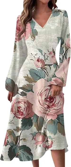 Spring Dresses for Women 2025 Midi V Neck Long Sleeve Summer Casual Modest Tea Length Western Loose Dress