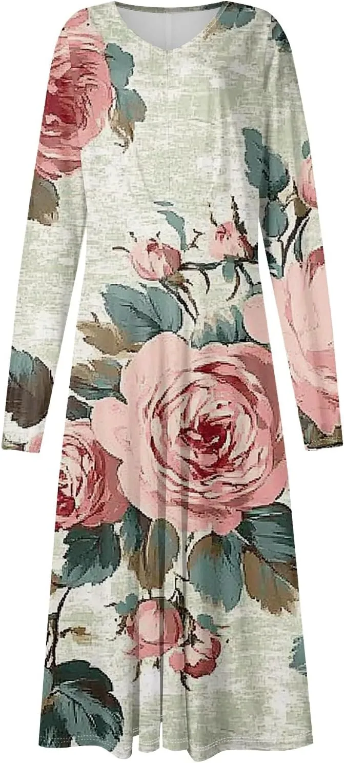 Spring Dresses for Women 2025 Midi V Neck Long Sleeve Summer Casual Modest Tea Length Western Loose Dress