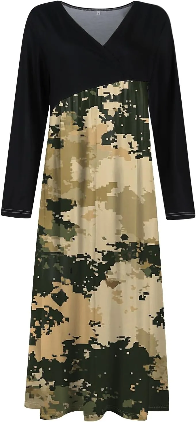 Spring Dresses for Women 2025 V Neck Long Sleeve Midi Casual Flowy Work Vacation Holiday Cruise Dress