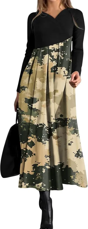 Spring Dresses for Women 2025 V Neck Long Sleeve Midi Casual Flowy Work Vacation Holiday Cruise Dress