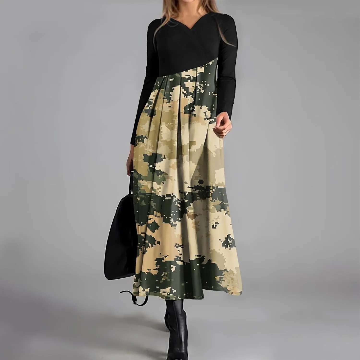Spring Dresses for Women 2025 V Neck Long Sleeve Midi Casual Flowy Work Vacation Holiday Cruise Dress