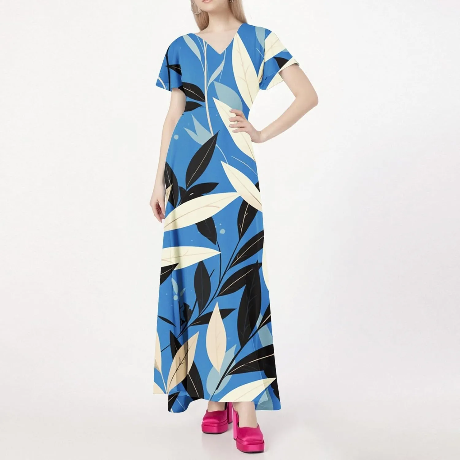 Spring Dresses,Flowy Floral Maxi Dress Short Sleeve Wedding Guest Trendy Women's Casual Dresses