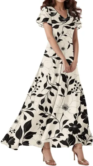Spring Dresses,Flowy Floral Maxi Dress Short Sleeve Wedding Guest Trendy Women's Casual Dresses
