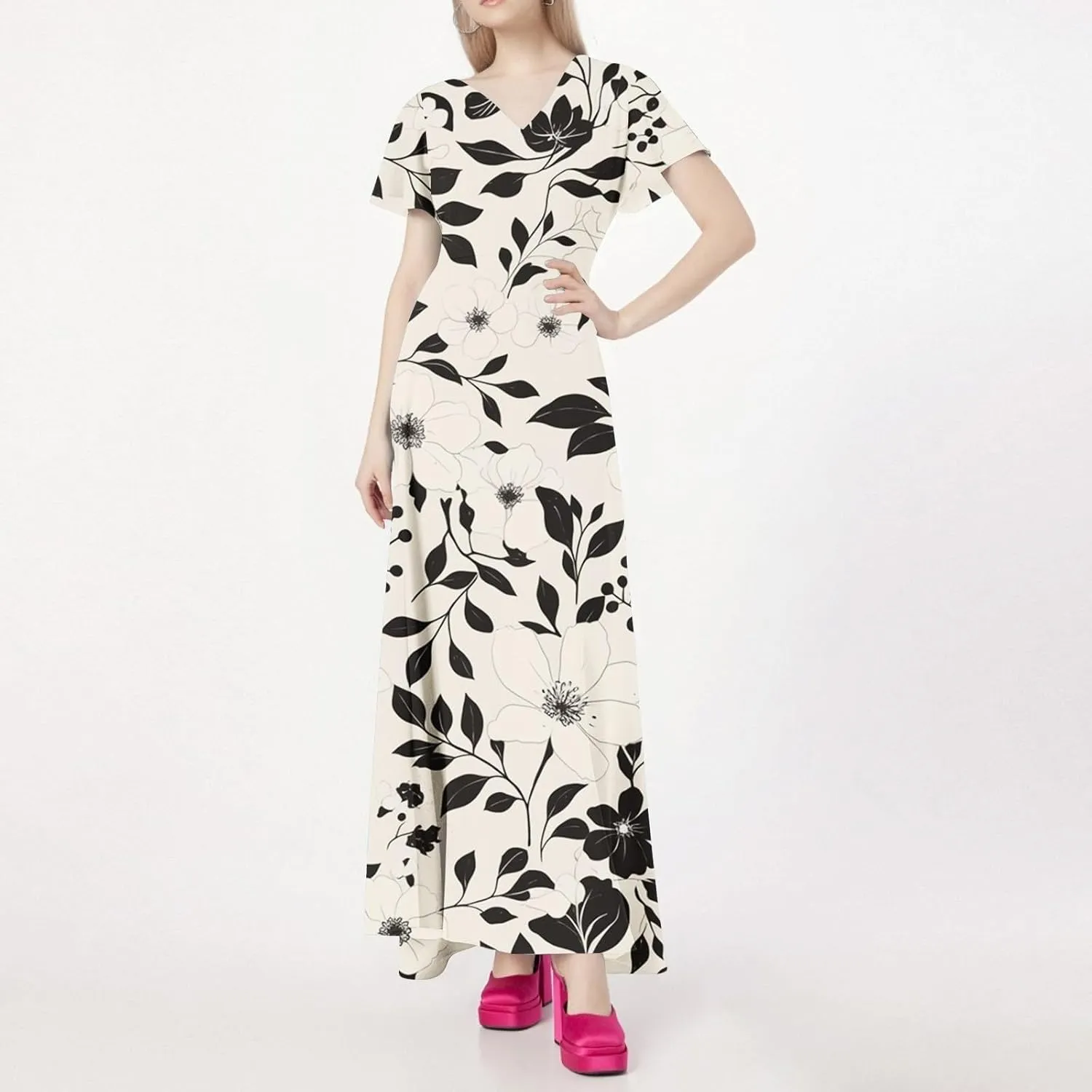 Spring Dresses,Flowy Floral Maxi Dress Short Sleeve Wedding Guest Trendy Women's Casual Dresses