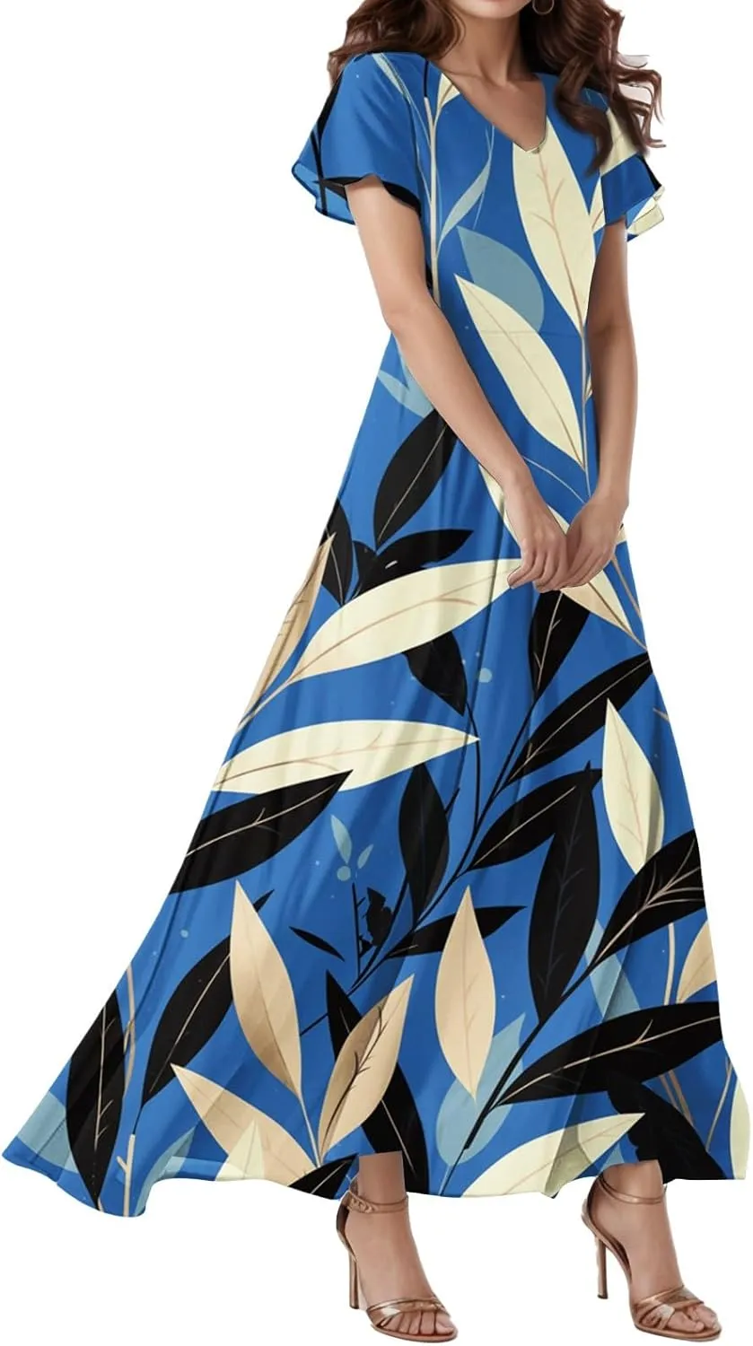 Spring Dresses,Flowy Floral Maxi Dress Short Sleeve Wedding Guest Trendy Women's Casual Dresses