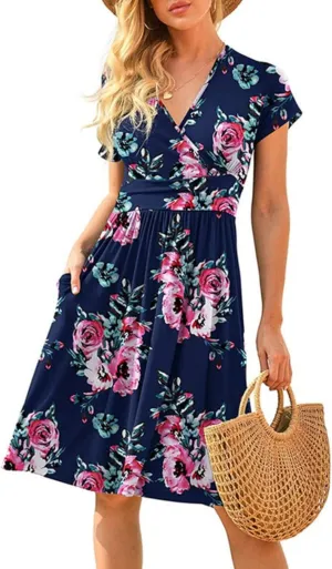 Spring Summer Dresses for Women Short Sleeve Wrap V-Neck Casual Swing Dress Floral Party Midi Dress with Pockets