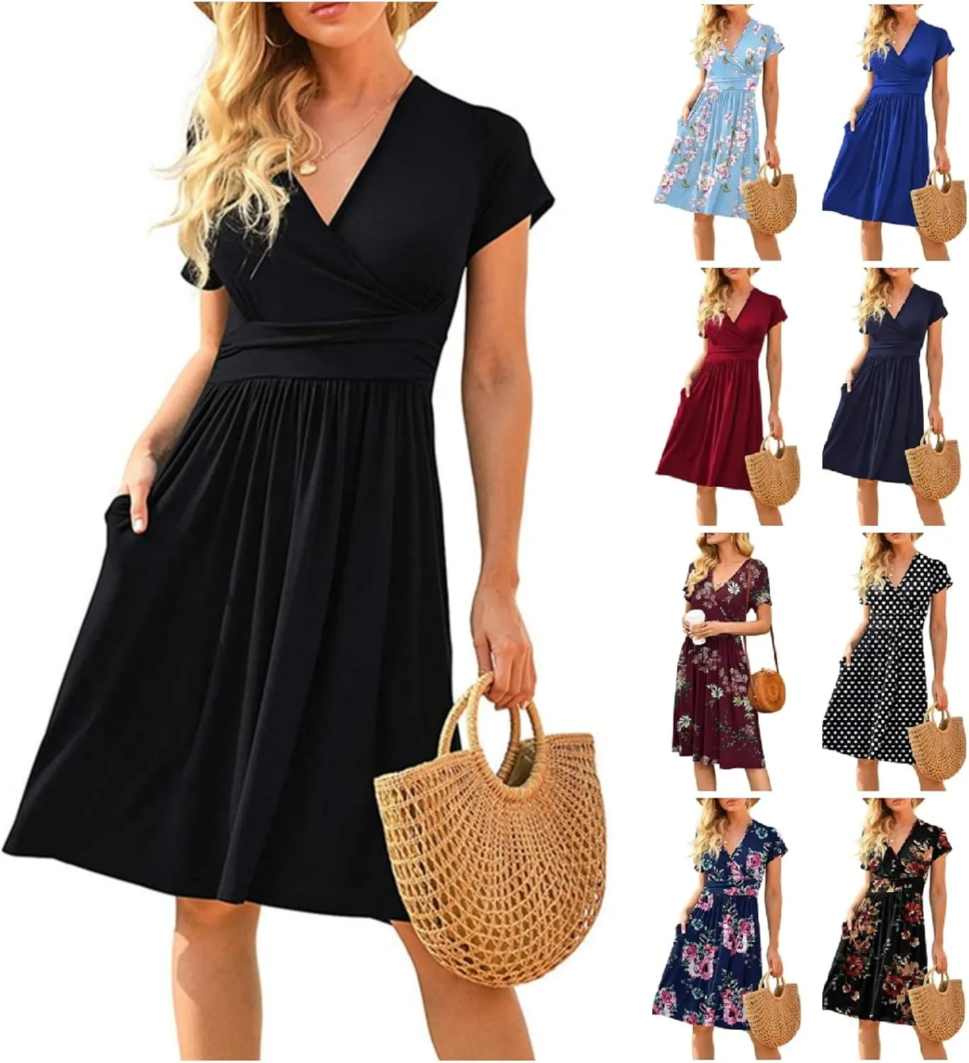 Spring Summer Dresses for Women Short Sleeve Wrap V-Neck Casual Swing Dress Floral Party Midi Dress with Pockets